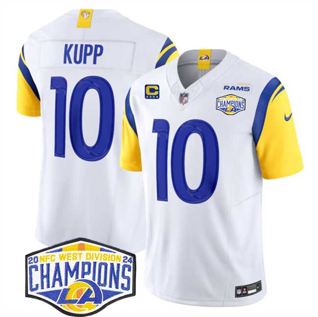 Mens Los Angeles Rams #10 Cooper Kupp White 2024 NFC West Champions With 4-Star C Patch F.U.S.E. Vapor Untouchable Stitched Jersey